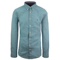 Tommy Hilfiger Collared Mens Teal/White Checkered Oxford Shirt