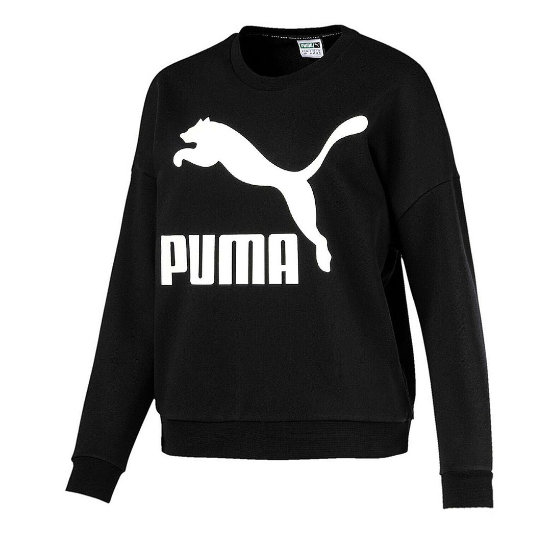 Puma Classic Logo Long Sleeve Crew Neck Pullover Black Womens Sweaters 576245 01