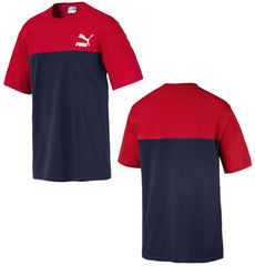 Puma Retro Short Sleeve Mens Tee Colour Block T-Shirt Red Navy 576380 06 A11C