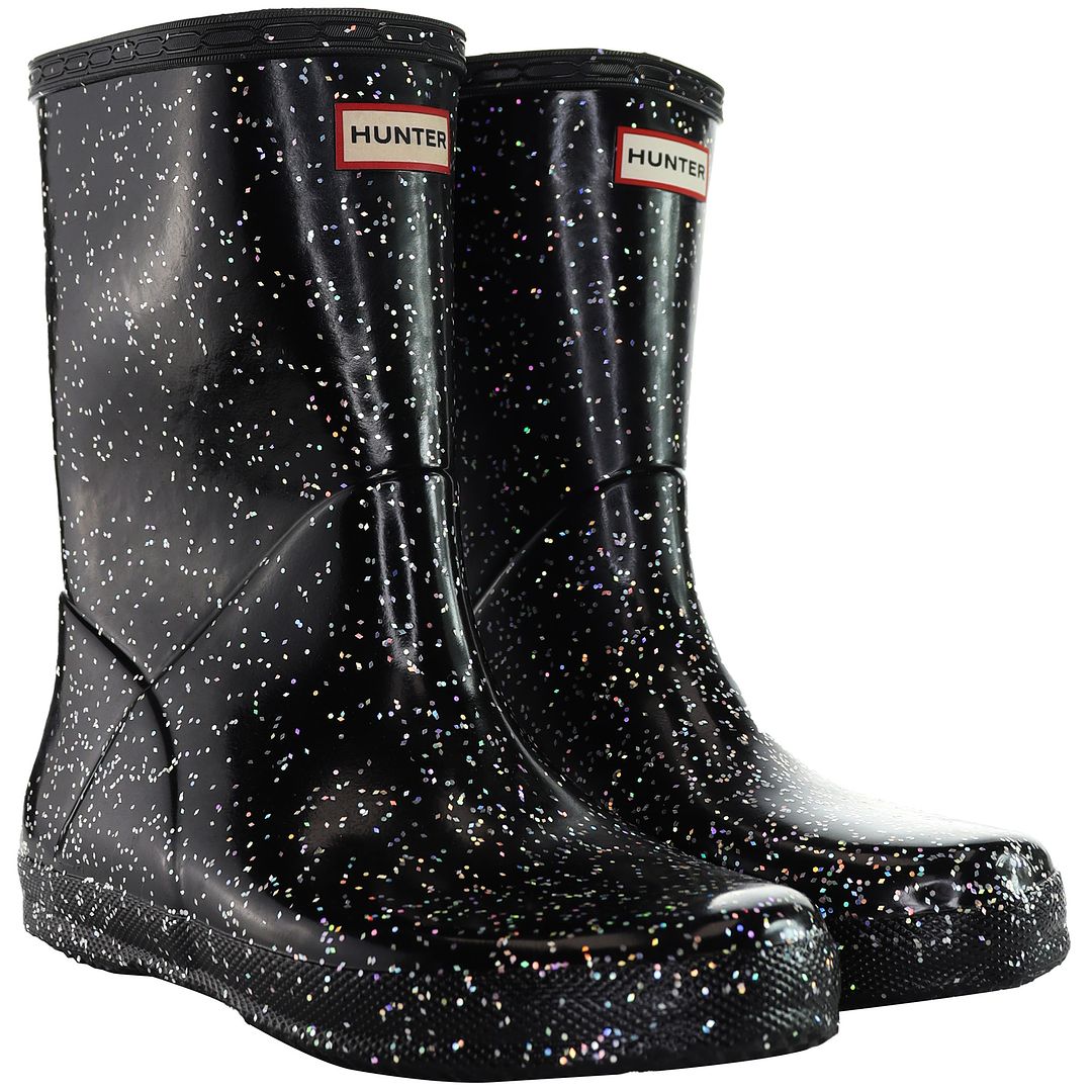 Hunter Giant Glitter Kids Black Wellington Boots