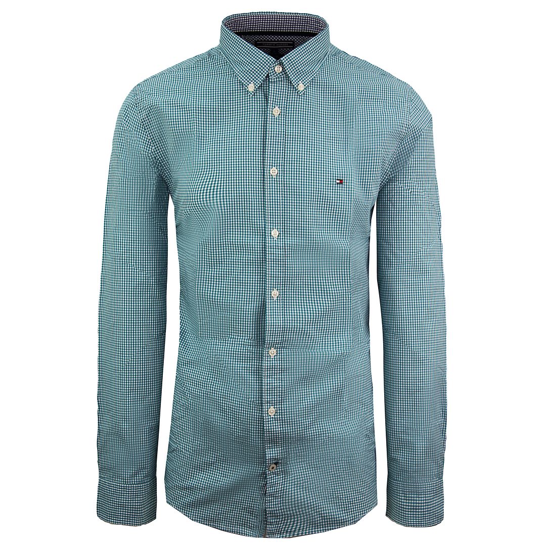 Tommy Hilfiger Collared Mens Teal/White Checkered Oxford Shirt