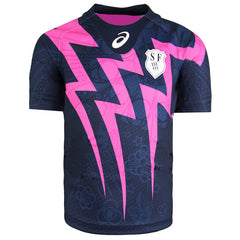 Asics Stade Francais SF Home Rugby Shirts Short Sleeve Kids Navy Pink T-Shirt 131170RF 8124