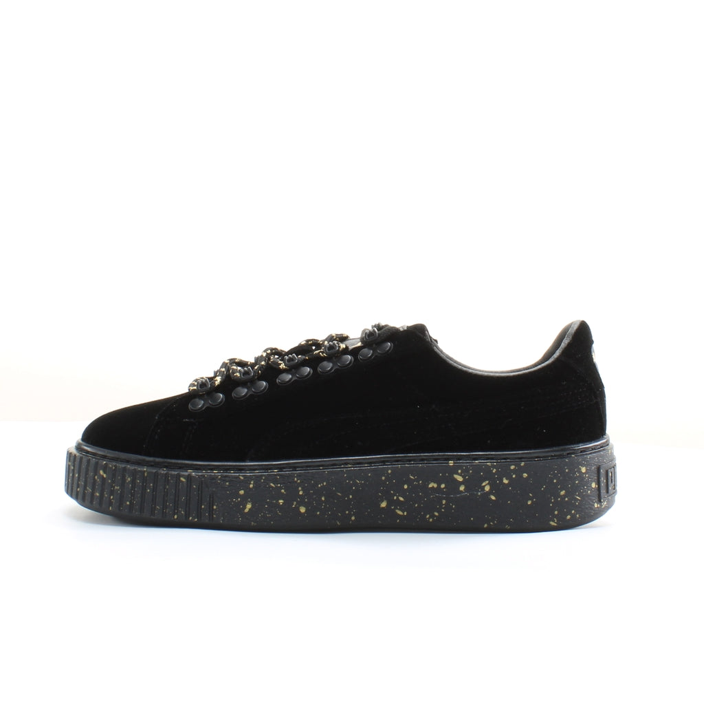 Puma Basket Platform Velvet WTR Black Leather Womens Lace Up Trainers 366241 01